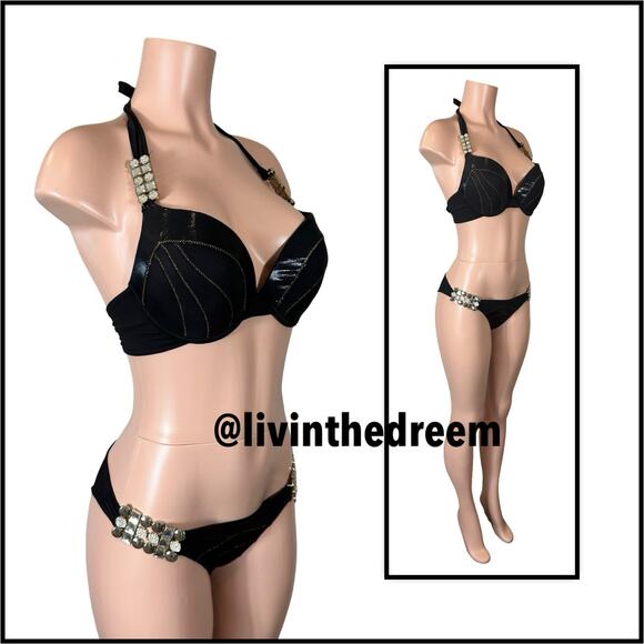 Beach Bunny Black Panthera Crystal Accents and Scrunch Bottom XL/M Set $300 - Picture 10 of 14